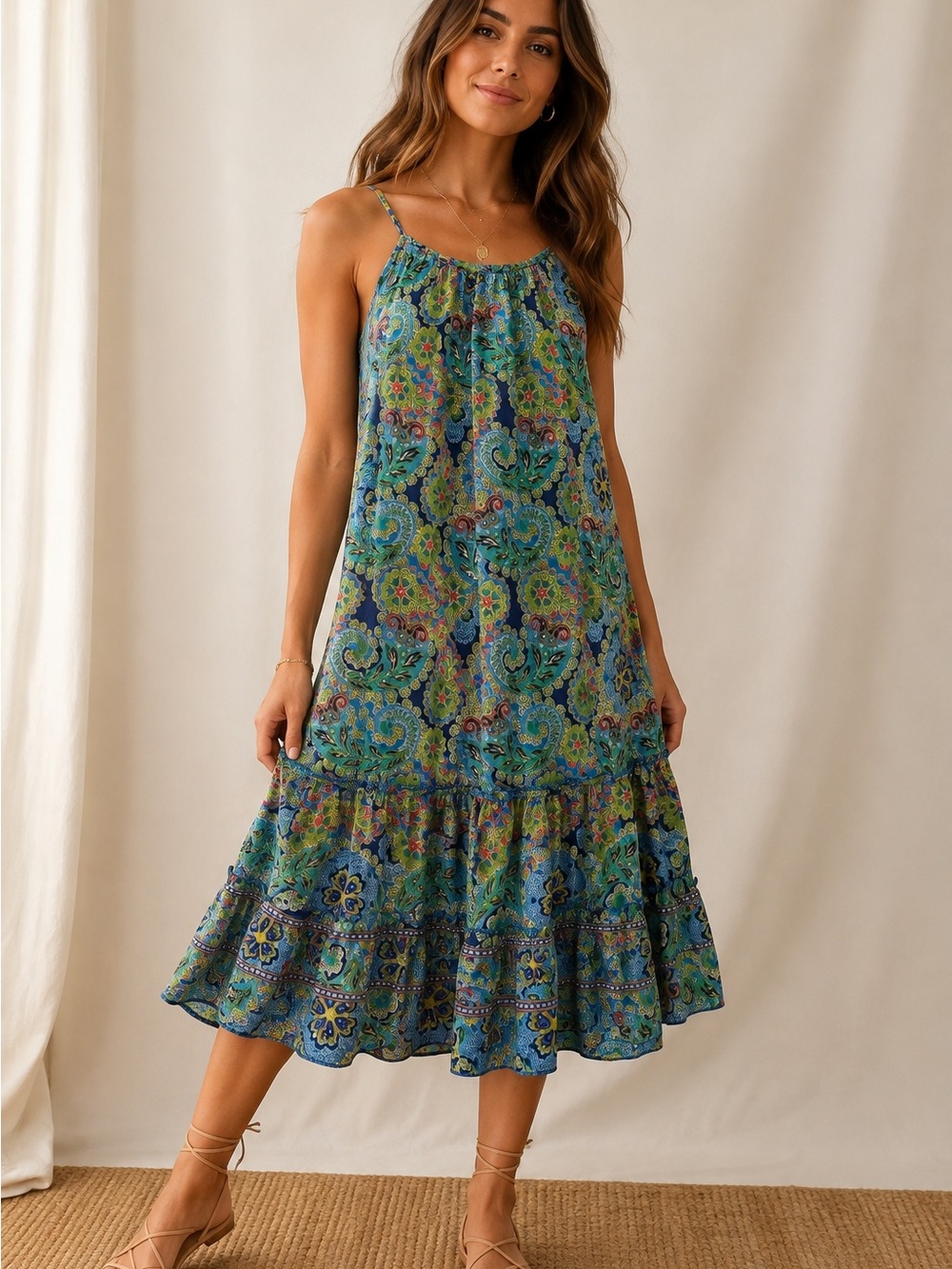 Sleeveless Paisley Tiered Midi Dress in Blue and Green